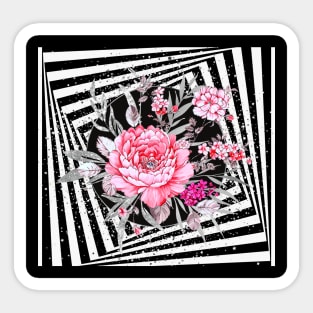 Pink Flowers ,Silver Leaves in Black and White Illusion Sticker